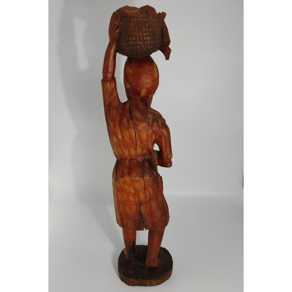 African Hand Carved Wooden Sculpture of a Woman Carrying a Basket Vintage Wood - Picture 7 of 12